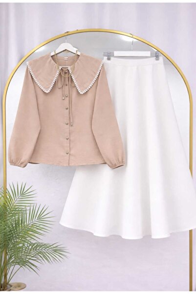 MODA VEDAT Women's Collar Scallop Detailed Shirt - Puff Scuba Skirt -0520