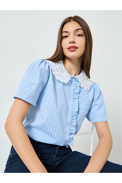 Styli Blue Striped Short Sleeve Shirt with Lace Collar