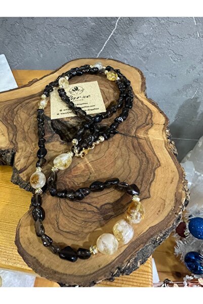 parze doğaltaş Smoky Quartz and Citrine Design Cluster Necklace
