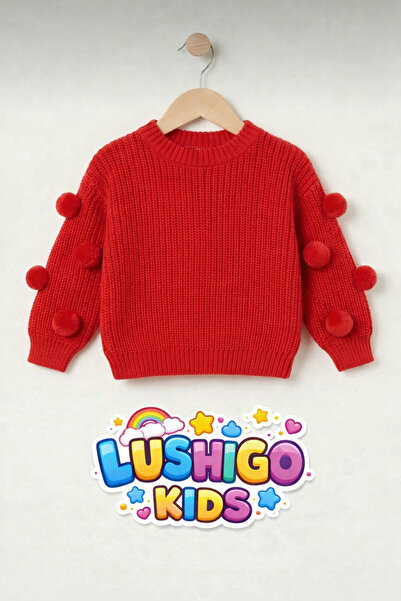 LUSHİGO Girl's Oversize Knitwear Sweater with Pompom Detail and Stylish Desig...