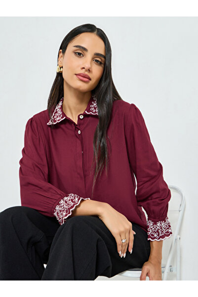 Styli Burgundy Embroidered Collar Shirt