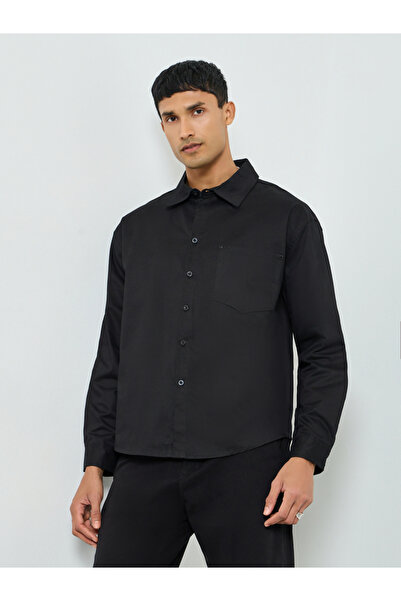 Styli Men Black Cotton Oversized Shirt