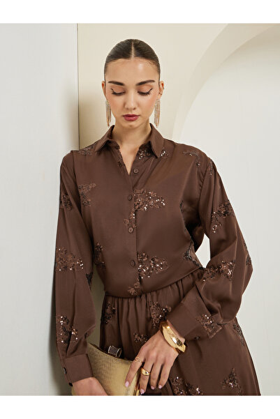 Styli Women Sequined Embroidered Evening Satin Shirt