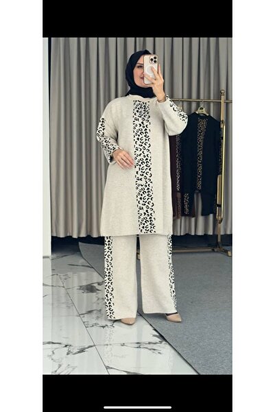 MODABERİLBUTİKK Leopar Şeritli Triko Tunik Pantolon Tesettür Takım