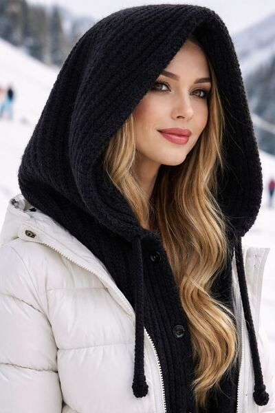 BALIENTE Black Wool Knitwear Button Detailed Balaklava Women's Beanie