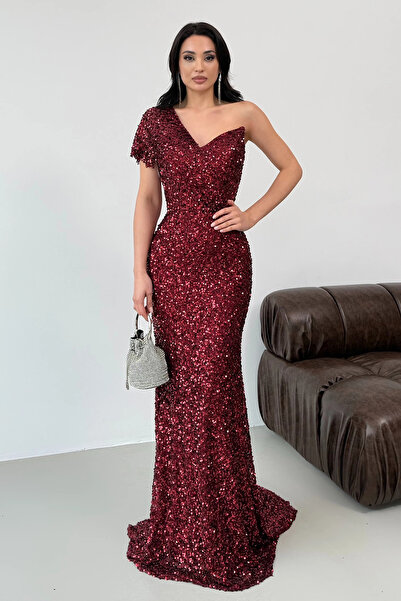 Feminist Tek Omuz Pul Payetli Straplez Abiye Bordo 0801130