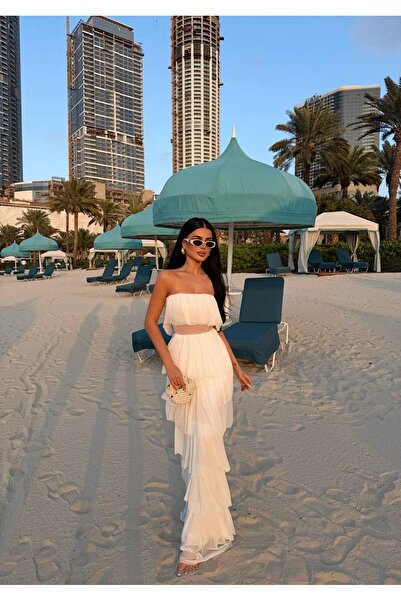 zoezoe Robe Straplez Bel Transparan Detaylı Katlı Davet Elbisesi