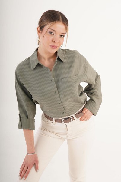 Hipo Trend Thick Striped Buttoned Khaki Shirt