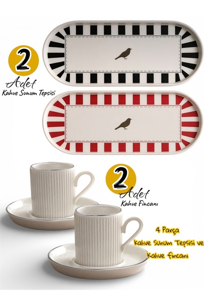 Dem Home 4 Piece Cup and Oval Plastic Coffee Presentation Tray with Bird Patt...
