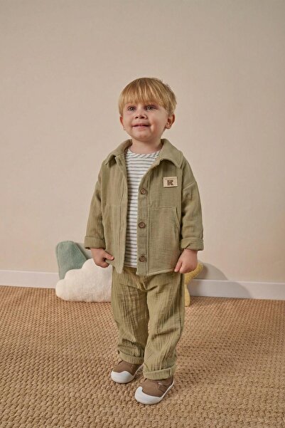 Magu Erkek Çocuk Pamuklu Haki Gömlekli Pantolonlu Takım - Çizgili T-Shirt Det...