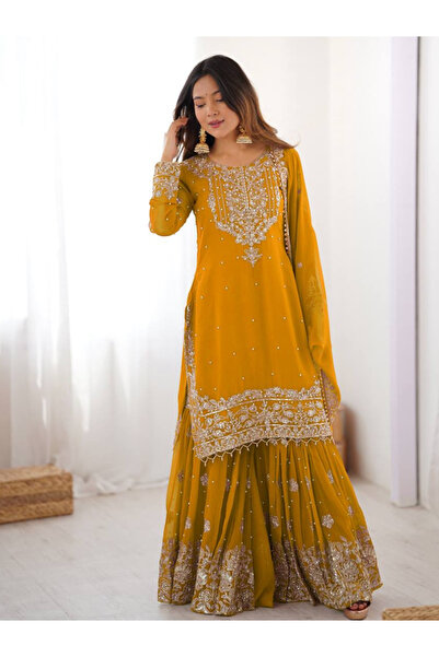 MYSMAR Yellow Faux Georgette Top Sharara & Dupatta - FFT6828 | Yellow