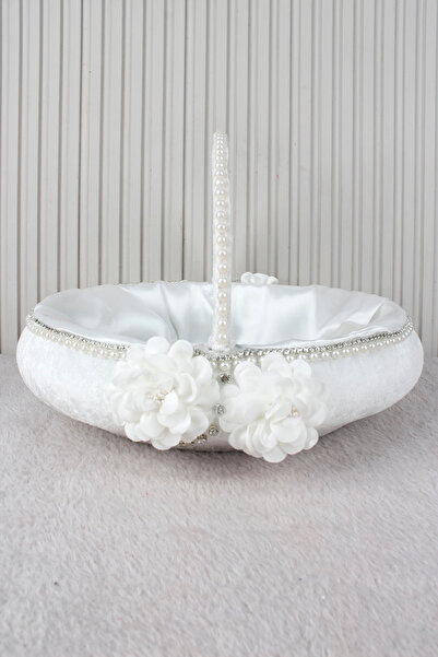 Mortex Beyaz Sıra İnci, Taş ve Çiçek Süslemeli Kadife Gelin Sepeti Kına Nişan...