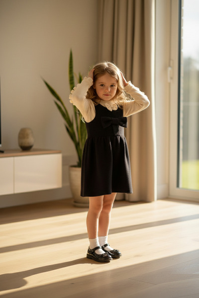 inebolu kids Black Dress with Bow Detail, White Bodysuit, 2-Piece