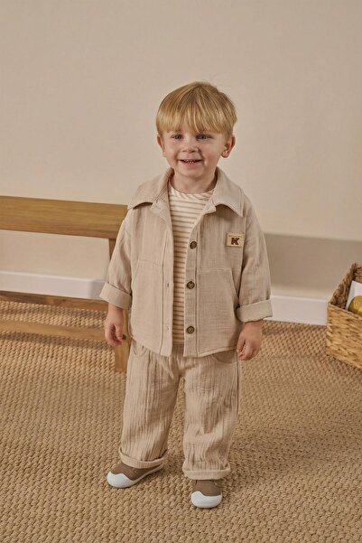 Magu Erkek Çocuk Pamuklu Bej Gömlekli Pantolonlu Takım - Çizgili T-Shirt Detaylı