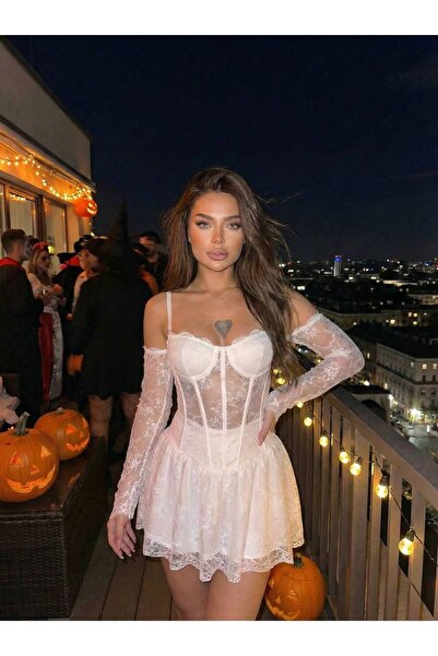 zoezoe ZOE Askılı Dantel İşlemeli Jakarlı Korseli Mini Boy Gece Elbisesi - El...