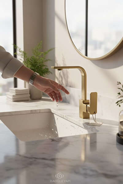 İSAOĞLU YAPI Matte Gold Sink Faucet High Model 360 Degree Rotatable Brushed G...