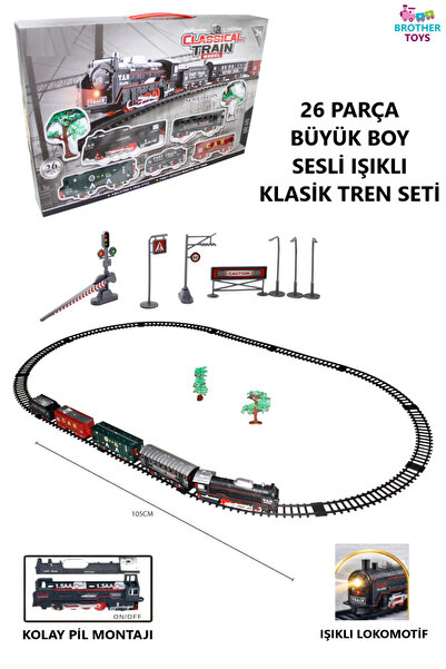 Brother Toys 26 Parça Büyük Boy Pilli Sesli Ve Işıklı Klasik Tren 105 Cm 3 Fa...