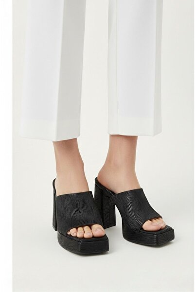 L&L High Thick Heel Platform Sole Shiny Black Slippers