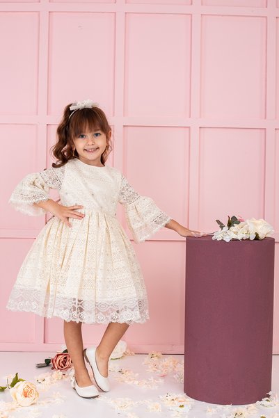 SÜSLÜ PİNK KİDS Girls' Lace Dress with Headpiece, Eid al-Fitr Dress