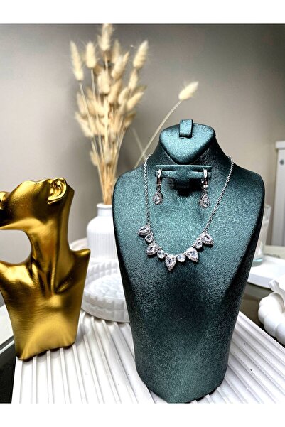 Luxiva Gümüş kaplama premium zirkon taşlı kolye küpe takı hediye seti