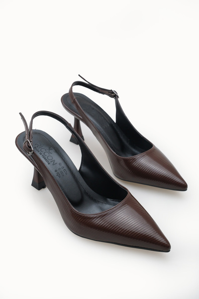 Riccon Women's Pointed Toe Open Back Thin Heeled Shoes 0012720 Brown Patent L...