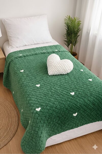 Alize Puffy Hand Knitted Puffy Yarn Blanket & Heart Pillow Set - Gift, Soft T...
