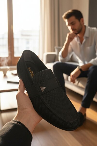 enoch Genuine Leather Black Micro Patterned Laceless Men's Comfort Shoes