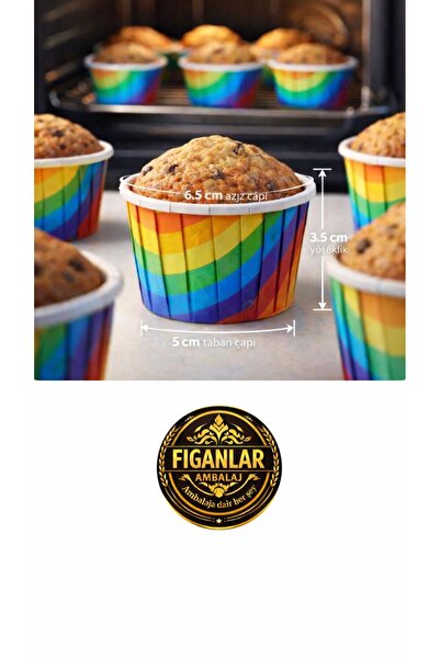 figanlar ambalaj 50 adet Gökkuşağı Desenli Muffin Kek Kapsülü – Renkli Cupcak...