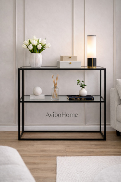 AVİBO HOME Pırlanta Siyah Metal Dresuar Kahve Köşesi Modern Konsol Füme Cam