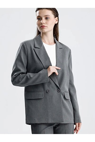MADAMMERY Women's Gray Oversize Blazer Jacket Double-Breasted Cut Stylish Off...