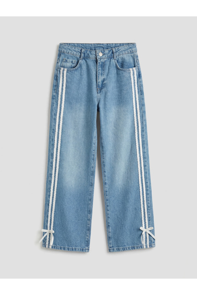 LC Waikiki Pantaloni de blugi pentru fete, cu fundă și croială largă, albastr...