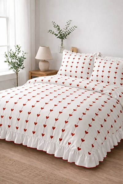 DB Double Duvet Cover Set 100% Cotton Heart Striped Ornamental Overlocked Ruf...