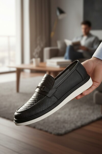 enoch Genuine Leather Snake Skin Patterned White Sole Laceless Men's Loafer