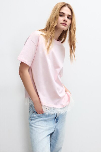 Stradivarius Short sleeve T-shirt with lace hem