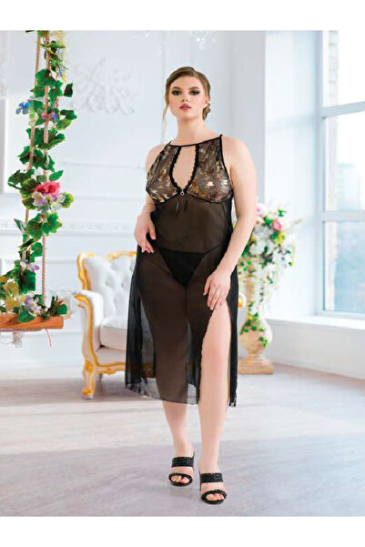 euro click Adın Siyah Transparent Long Nightgown – Stylish Design with Lace D...