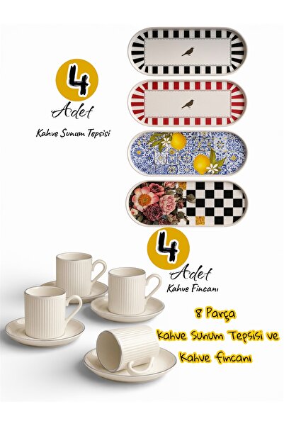 Dem Home 8-Piece Porcelain Cup and Patterned Plastic Coffee Presentation Tray...