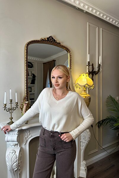 lizge giyim V-Neck Cashmere Mixed Knit Sweater