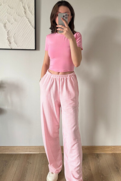 İlayda Toprak Toffy Pembe Kısa Kollu Crop Çizgili Bol Eşofman İnce Alt Üst Takım