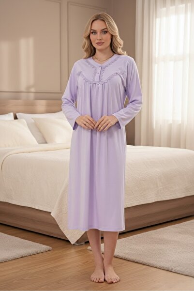 Lohusa Homewear New Season Lilac 100% Cotton Elegant Lace Detailed Long Sleev...
