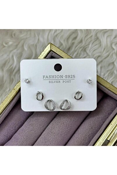 Septemmart Zircon Stone Geometric Shape and Hoop Model Silver Color 3-Piece C...