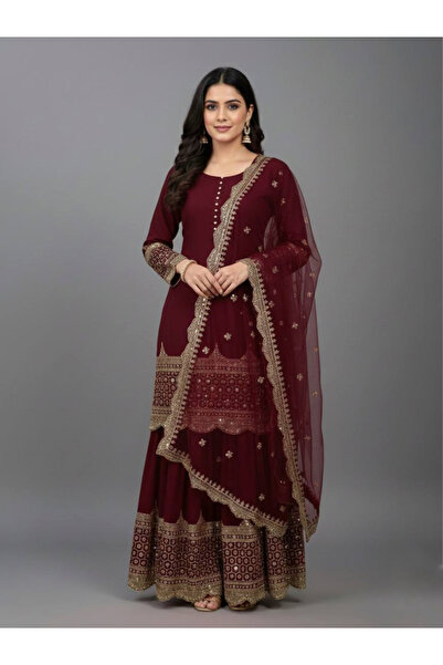 MYSMAR Maroon Heavy Faux Georgette Top Sharara & Dupatta - FFT7124 | Maroon
