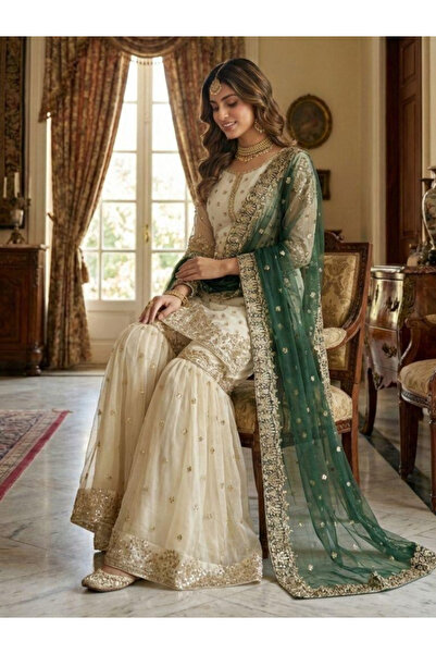 MYSMAR Green Fendy Silk Top Sharara & Dupatta - HRT6968 | Green