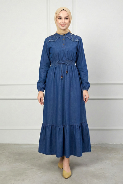 FERHEL Women's Half Buttoned Waist and Elasticated Sleeve Cuffs Dress with Pe...