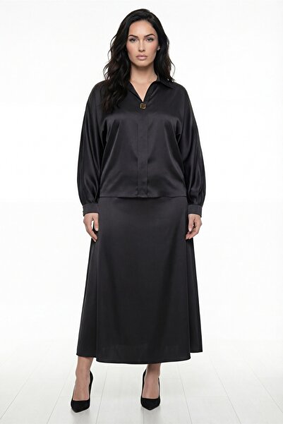 EXİTLİNE Women's Black Summer Satin Top and Bottom Set with Belt and Accessories