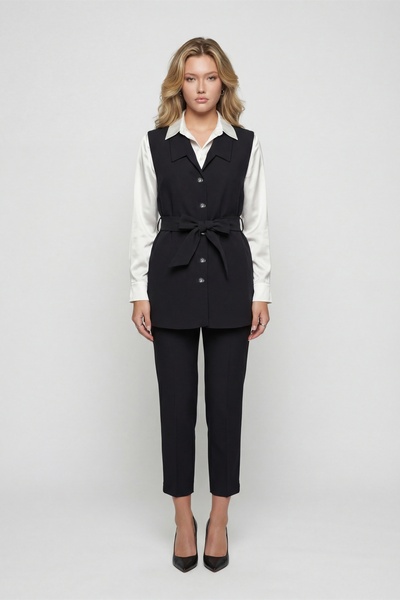 EXİTLİNE Women's Black Seasonal Belted Buttoned Classic Trousers-Jacket Suit