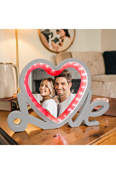 hediye Love Yazılı Led Işıklı Kişiye Özel Fotoğraflı Sihirli Ayna Kırmızı-Bey...