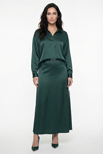 EXİTLİNE Women's Emerald Green Summer Satin Top and Bottom Set with Belt and ...