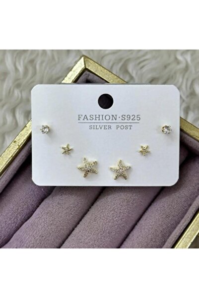 Septemmart Starfish Figured Zircon Stone 3-Piece Gold Earring Set 316L Steel ...