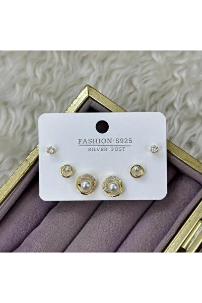 Septemmart Zircon Stone and Pearl Detailed Gold Color 3-Piece Combination Ste...