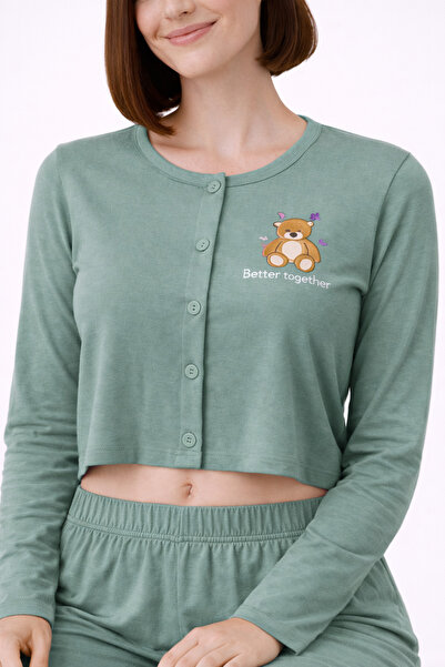 sleeproom Teddy Bear Printed Buttoned Long Sleeve Women's Pajama Set – Crop M...